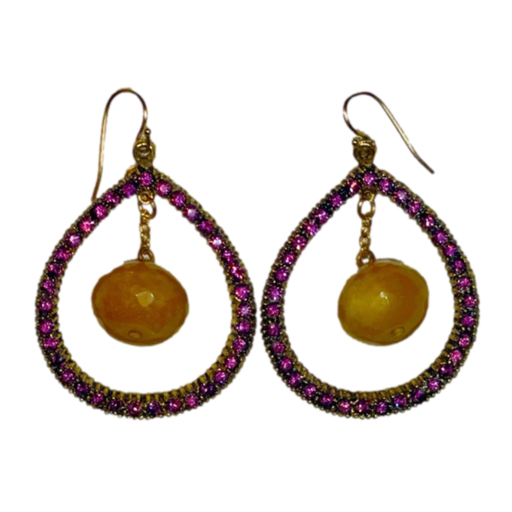 Anthropologie Yochi Purple Rhinestone Crystal Stone Teardrop Hoop Earrings